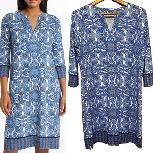 Coolibar Blue Paisley Oceanside Cotton 3/4 Sleeve UPF 50+ Tunic Dress Medium